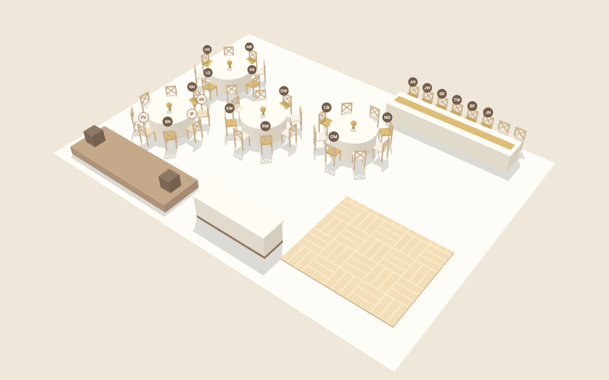 A wedding reception drawn in three dimensions: white linen tables, cross-back chairs, initials on discs above the seats that are taken, a parquet dance floor, a stage and a bar.