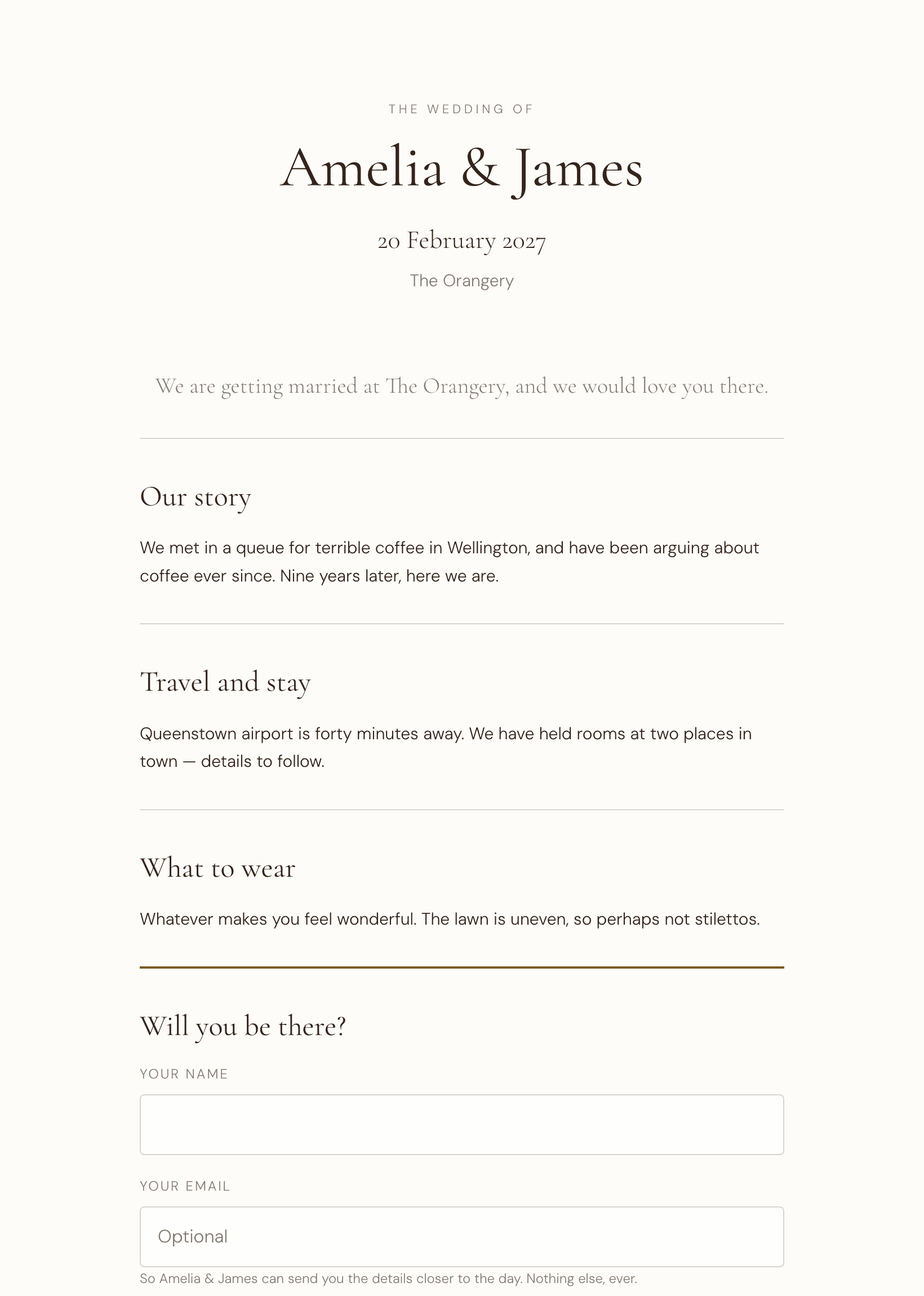 A published wedding website: the couple’s names, their story, travel notes and the RSVP form.